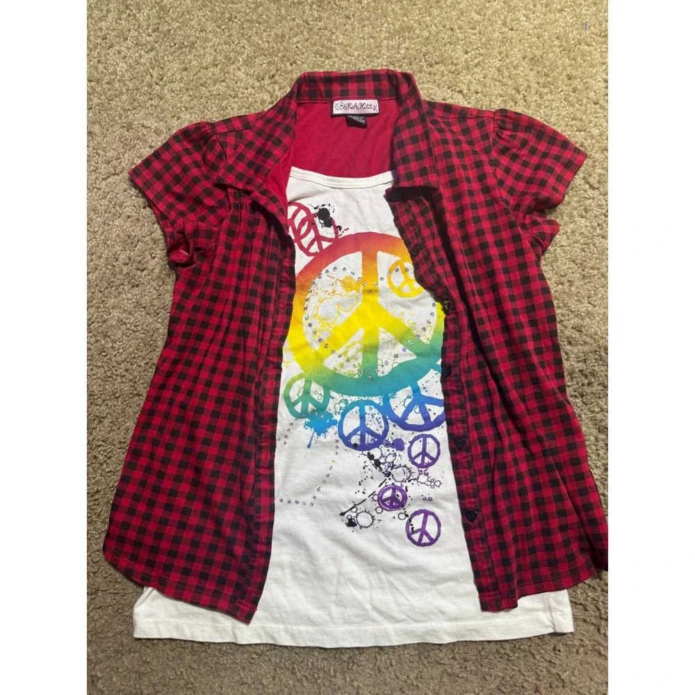 LA Kitty Girls XL Red Plaid Peace‎ Sign Graphic Layered Top Y2K 100% Cotton